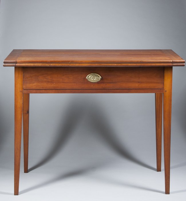 New Hampshire Hepplewhite Card Table: New Hampshire Hepplewhite Card Table, two bread board end and cherry fold over tops supported by a rectangular case with swing rear leg, front pullout drawer with original oval brass, old refinished c