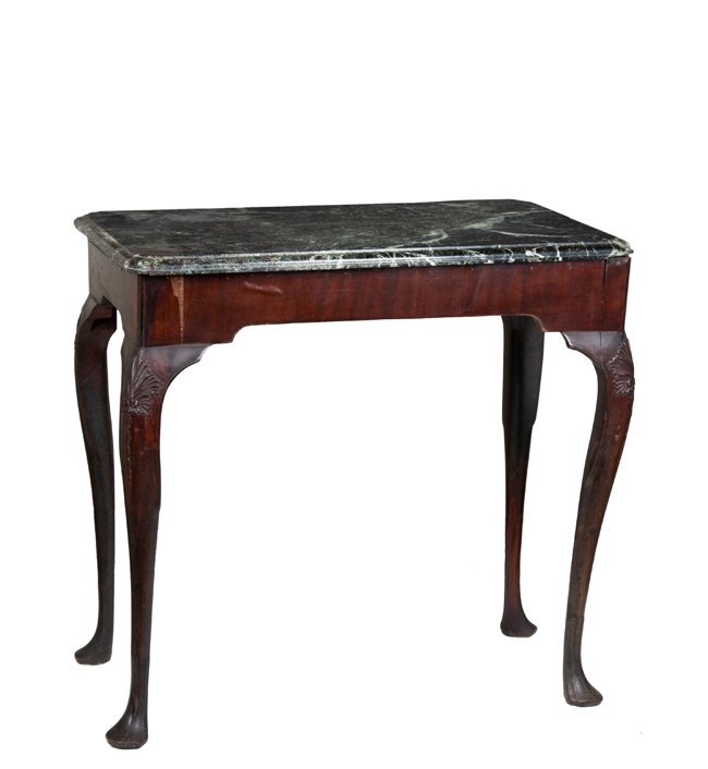English Mahogany Marble Top Tea Table: English Mahogany Marble Top Tea Table, a veneered case supported by four shell carved cabriole legs ending in web pad feet, one replaced foot and damage to two corners of the marble top, 27 1/2" T x 2