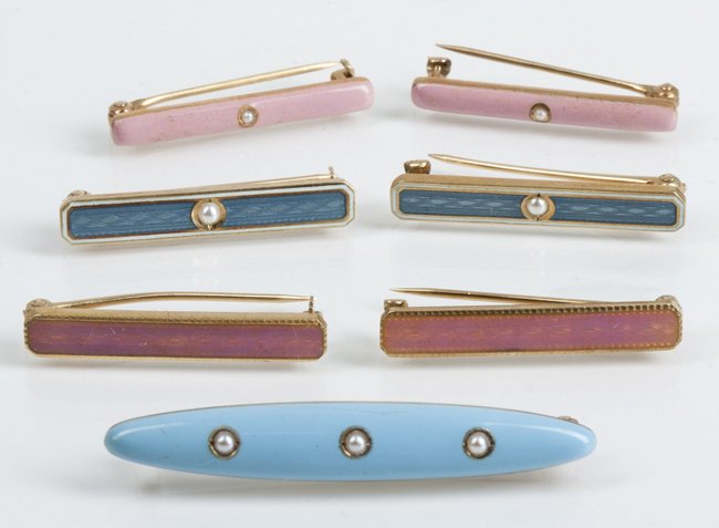 Lingerie Pins: Lingerie Pins, 3 pairs and 1 single enameled pins; two pairs and single pin have inset pearls, all in marked "14K" yellow gold with maker's marks of Krementz & Co., AJ Hedges & Co. and Carter Gough & 
