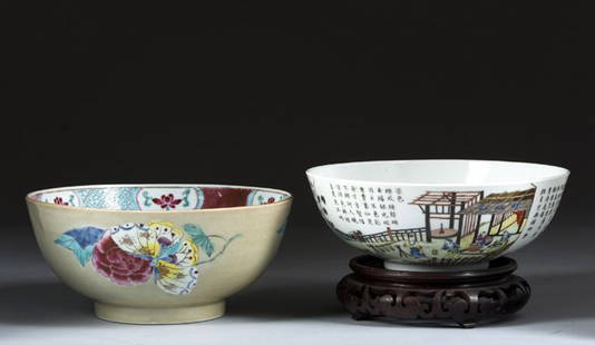 Two Chinese Punch Bowls: Two Chinese Punch Bowls: a 7" diameter with tan exterior glaze and butterfly and floral decoration, and a 7" diameter white porcelain with two panels of domestic scenes and writing, hairlines to inter