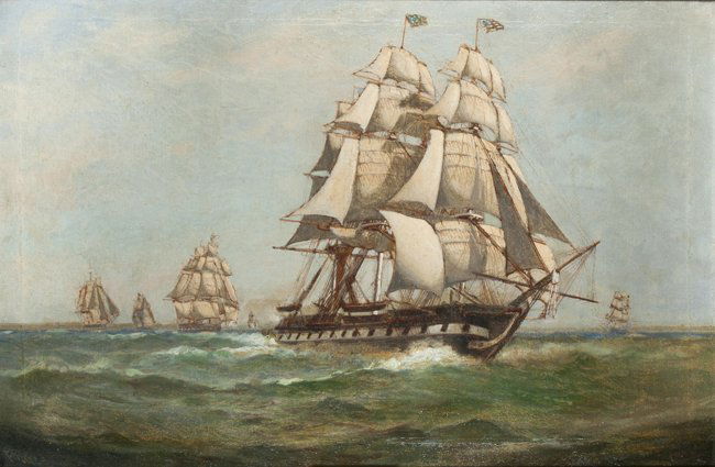 C. Myron Clark, painting of the USS Constitution: C. Myron Clark, 1858-1925, MA oil on canvas of the USS Constitution escaping the British, signed lower left, "C. Myron Clark," 20 1/4" x 30" in a gold painted frame.