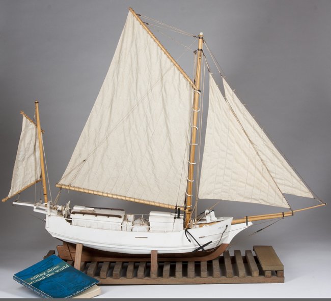 Ships Model of the Spray-Boston: Ships Model of the Spray-Boston, the yawl that Joshua Slocam first circumnavigated the globe with, 35" long x 27 1/2" tall on a custom stand. Comes with a book about his adventure.