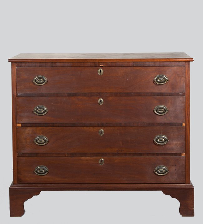 Hepplewhite Four Drawer Chest: Hepplewhite Four Drawer Chest, maple top, replaced bracket base, 39 1/2" wide x 34 1/2" tall, 19th Century American.