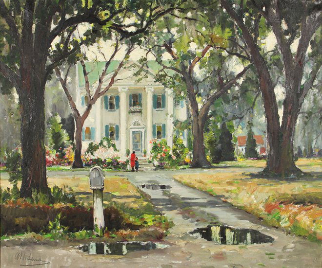 Anthony Thieme oil on canvas: Anthony Thieme, 1888-1954, Rockport, MA, oil on canvas, of a large southern home with puddles after the rain and a mailbox in front, "Sunlight and Shade, Charleston," titled on verso, signed lower lef