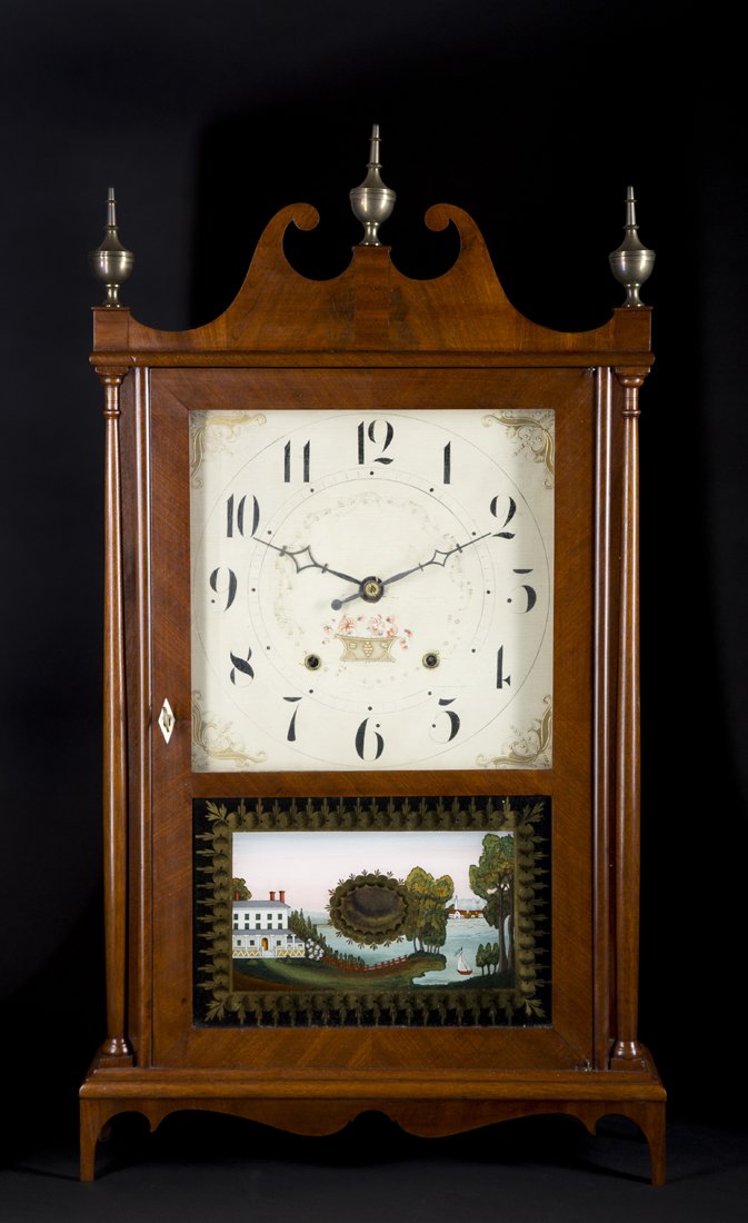 "Seth Thomas" Pillar and Scroll Mantle Clock: "Seth Thomas" Pillar and Scroll Mantle Clock, scrolled crest with 3 brass urn finials, glazed door with scenic reverse painted tablet below revealing a painted dial and original, "Seth Thomas," label 