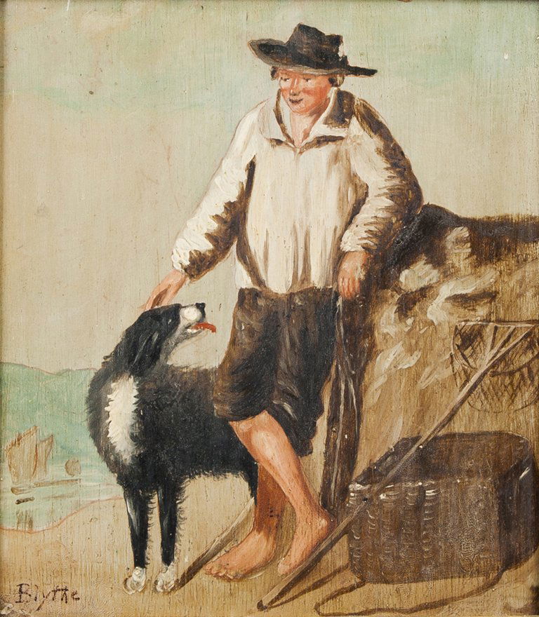David Gilmour Blythe, oil on board of a fisherman: David Gilmour Blythe, 1815-1865, PA, oil on board of a fisherman leaning against rock with his dog close by, signed lower left, "Blythe," 9 1/2" x 8 1/2", in a fine ornate gold painted, gessoed frame,
