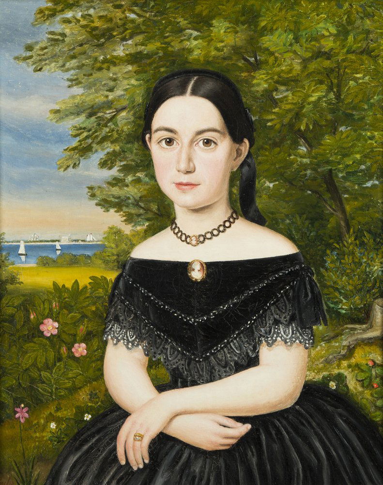 Lambert Sachs, 1818-1903, PA: Lambert Sachs, 1818-1903, PA, oil on canvas portrait of a dark haired girl sitting outdoors in a garden with the sea in the distance with sailboats, signed lower left, "L. Sachs, 1887," in a gold gess