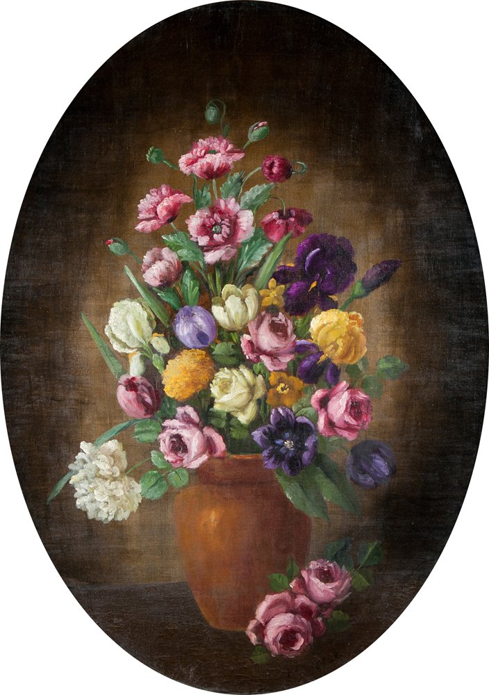 Henry L. Sanger Still Life of Flowers: Henry L. Sanger, 19/20th century, oil on board, Still Life of Flowers, pink poppies, roses, irises and tulips in a brown vase, signed lower right, "HL Sanger," 40" x 30" framed in the oval. Estimate: 