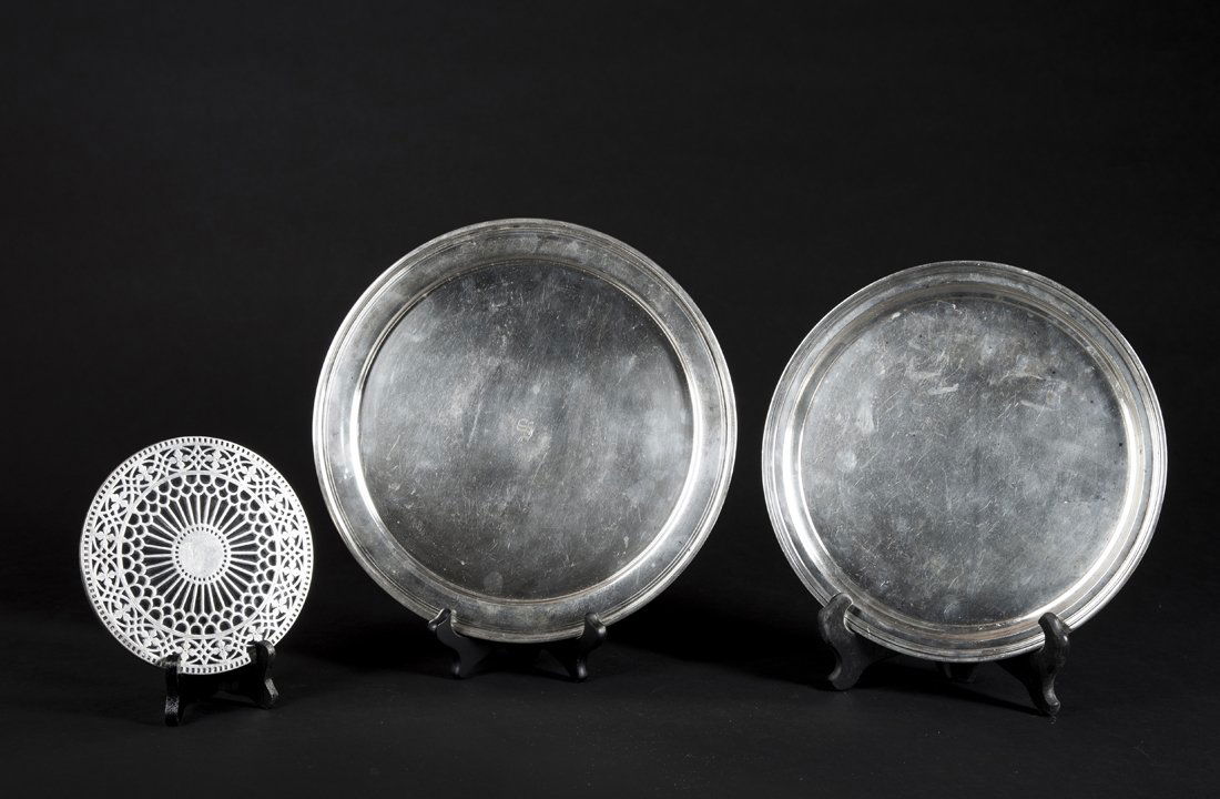 Two Tiffany & Co. marked plates and Tiffany Coaster.: Two Tiffany & Co. Makers, Marked Plates and Coaster. Plates are also marked, "Sterling, 21252," and, "M" 11" and 10" in diameter. Smaller plate also marked, "925-1000," and "694." Large plate has,