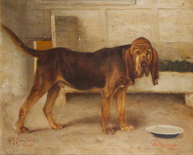 Henry Rankin Poore portrait of a blood hound: Henry Rankin Poore, 1859-1940, Philadelphia/CT, oil on canvas portrait of a blood hound with his dish, signed lower left, "H.R. Poore, ANA, Philadelphia," signed lower right, "Alchemist 33752," for th