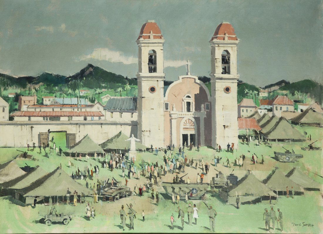Paul Starrett Sample, painting of Encampment in the: Paul Starrett Sample, 1896-1974, NH/CA, oil on canvas of Cathedral Encampment at Palo-Layte, Philippines, signed lower right, "Paul Sample," 22" x 30", lined in a gold painted molded frame. Paul Sampl