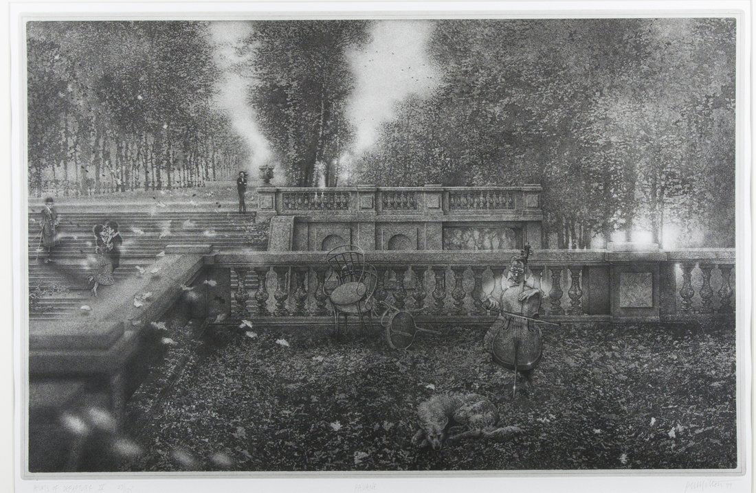 Peter Winslow Milton, etching "Points of Departure": Peter Winslow Milton, 1930- , PA/NH, limited edition etching, of a cello player playing outdoors, "Points of Departure IV, 23/175, Pavane, Peter Milton, 99," 18 1/8" x 28 1/8", framed and matted under