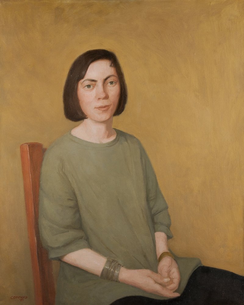 Patrick Connors Portrait of a woman: Patrick Connors, 1958 - , PA, oil on canvas, portrait of a woman in a green sweater, signed lower left, "Connors," 30 " x 24", unframed. Estimate: $200 - $400