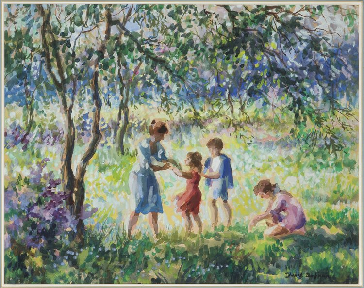 Edward Dufner watercolor: Edward Dufner, NA, 1872-1957, NY/NJ, watercolor on paper of a mother and her children playing outdoors, signed lower right, "Edward Dufner," 7 1/4" x 13 3/4", sight, framed and matted under glass.Esti