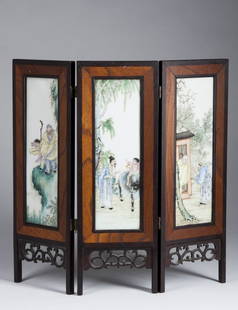 Important Chinese Three Panel Table Screen: Chinese Table Screen, three panels with hand painted interior tiles depicting 3 different scenes. One of a boy and a man on a cliff, one of a sage and a boy on a water buffalo, the other of a monk spe