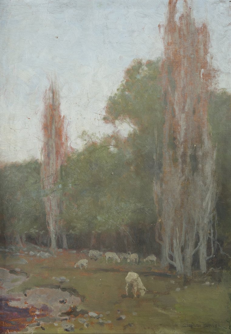 Stephen Parrish landscape with sheep grazing: Stephen Parrish, 1846-1938, PA/NH, oil on artist board of a rural landscape with a meadow and sheep grazing, signed lower right, "Stephen Parrish," 18 1/2" x 12", in an old frame which is slightly too