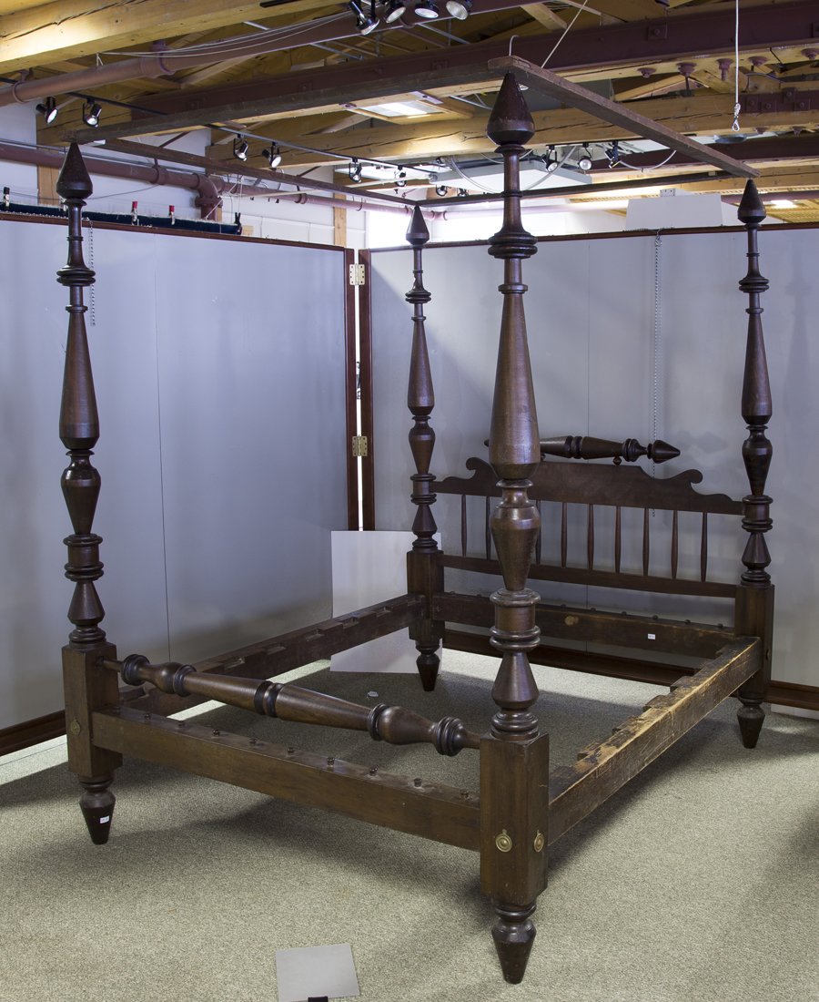 Empire Tall Post Bed: Empire Tall Post Bed, four boldly turned corner posts with turned and scrolled spindle headboard, old finish, circa 1830-40, 89" tall x 66" wide x 82" long, old varnish finish, comes with a flat testo