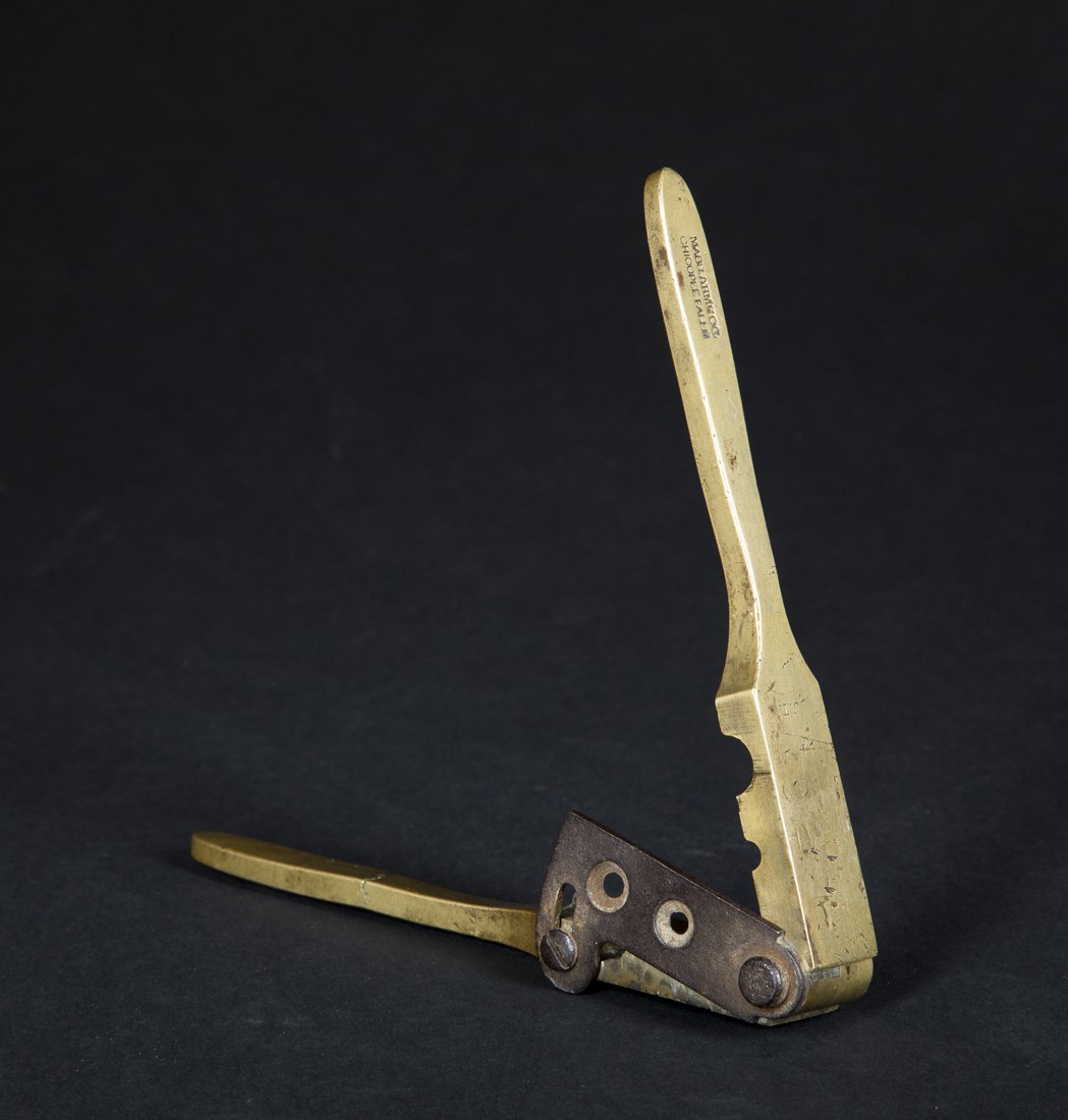 Mass. Arms Co, Brass Bullet Mold: Mass. Arms Co, Brass Bullet Mold, folding form which made a 3/8" diameter ball and a 5/8" long bullet, stamped on the top of one handle, "Mass. Arms Co, Chicopee Fall," 5 1/16" long closed, mid 19th c