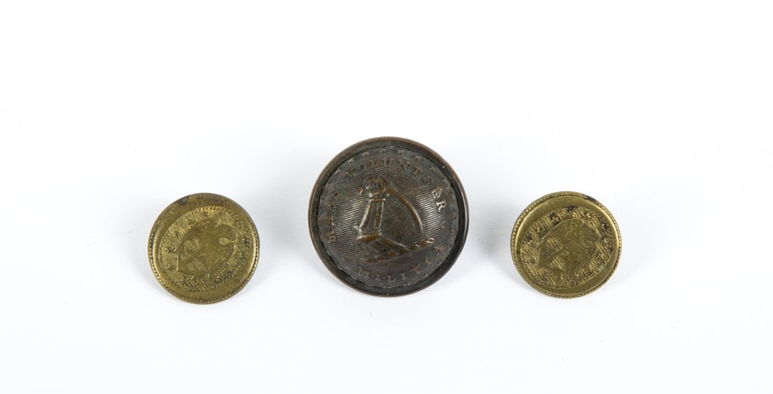 Civil War Era Buttons: Civil War Era Buttons: A - Two early US Navy buttons with worn faces marked, "Warranted Superior," lapel size. B - ".Mass Volunteer. Militia." jacket button marked, "star.star.R&W. Robinson.star.s