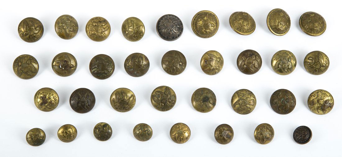 Civil War General Service and Officers Uniform Buttons: Civil War General Service and Officers Uniform Buttons, 30 general service uniform buttons in various sizes, marked, "Waterbury Button Co,. Star," (5), "star, Extra Quality star," (3), "Waterbury Scov