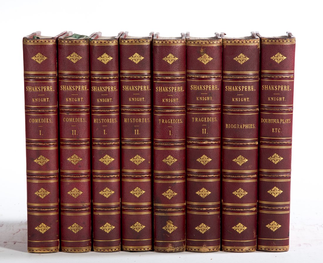 Charles Knight, Pictorial Edition of the Works of: Charles Knight, Pictorial Edition of the Works of Shakespeare, 8 volumes, red leather. Estimate: $75 - $150