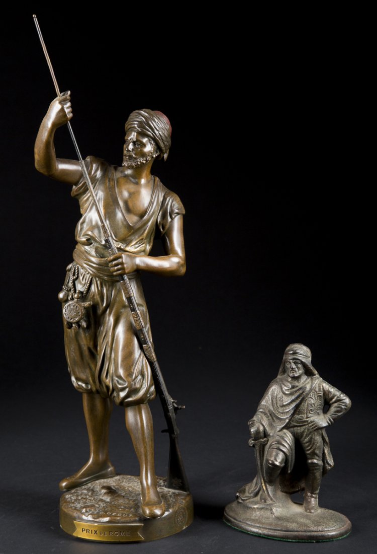 Two Metal Figures After Jean Didier Debut, 1824-1893,: Two Metal Figures After Jean Didier Debut, 1824-1893, France, Bronze of a middle eastern warrior loading his rifle, 16 3/4" tall marked "Prix De Rome", signed D.Debut on top with "Bronze Garanti Autit