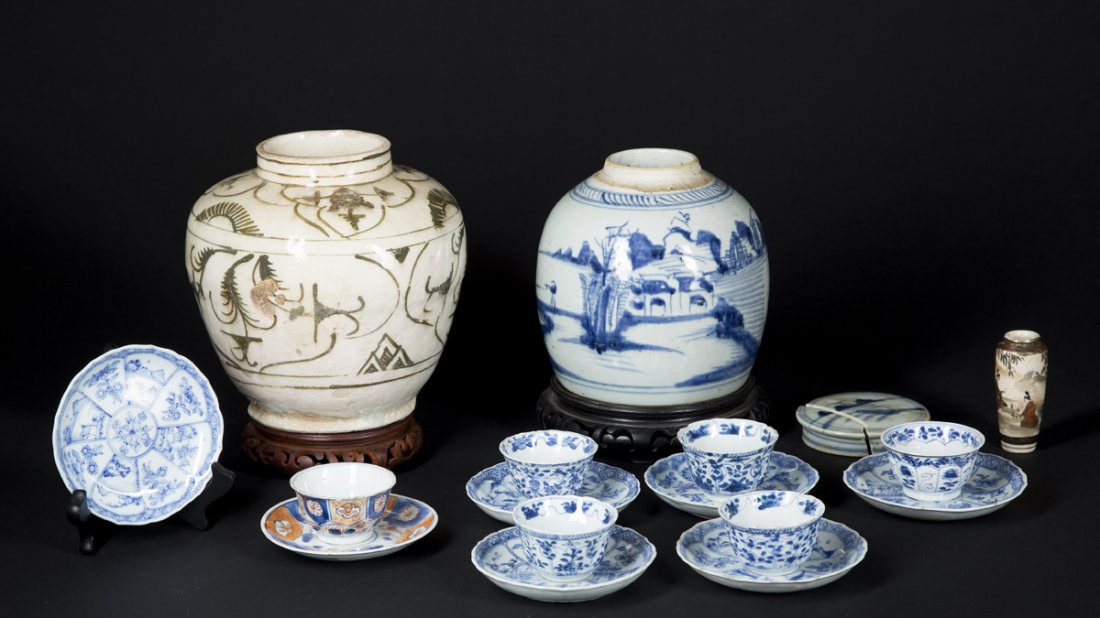 Japanese and Chinese Porcelain Lot: Japanese and Chinese Porcelain Lot: A) 5 3/8" tall Satsuma bus vase-figural design B) Imari Saki cup/saucers-as is, C) two Chinese ginger jars with two wooden bases and one lid-as is.,D) four matching