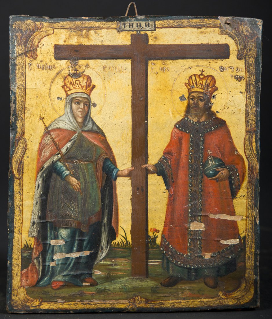Greek or Middle Eastern Icon: Greek or Middle Eastern Icon, depicting two robed figures on either side of a tall cross in a painted gold frame, on a wood panel. Appears to be 19th C or earlier, 7 1/2" x 6 1/2", paper backed, a few
