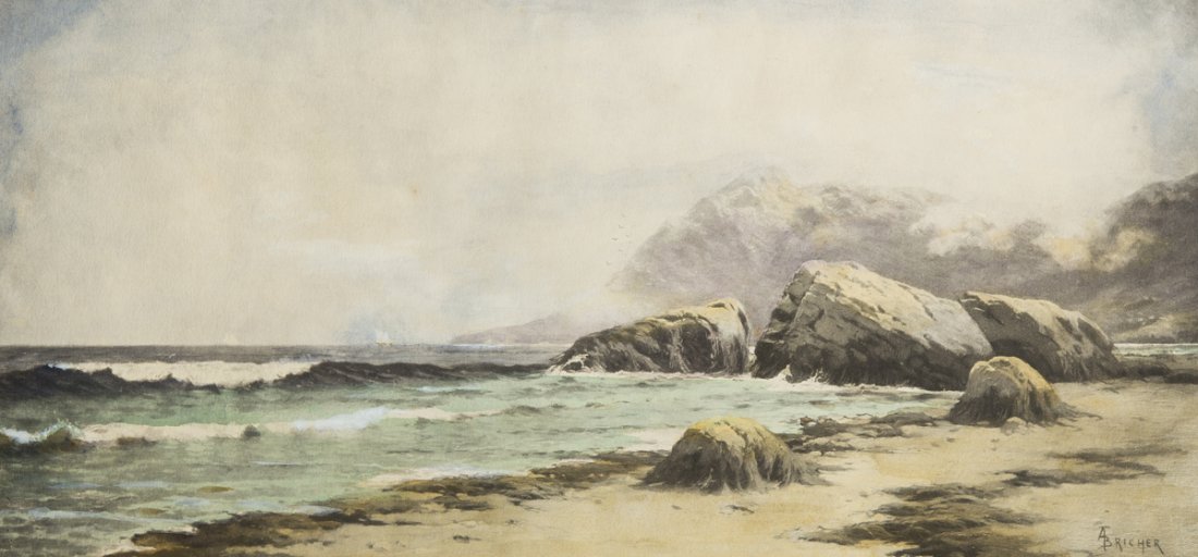 Alfred Thompson Bricher (1837-1908) NY, NH.: Alfred Thompson Bricher (1837-1908) NY, NH., watercolor and guache on paper painting of a North East seacoast scene with sailboats in distance, 7" x 14 1/4", matted, unframed, signed lower right "A.T.