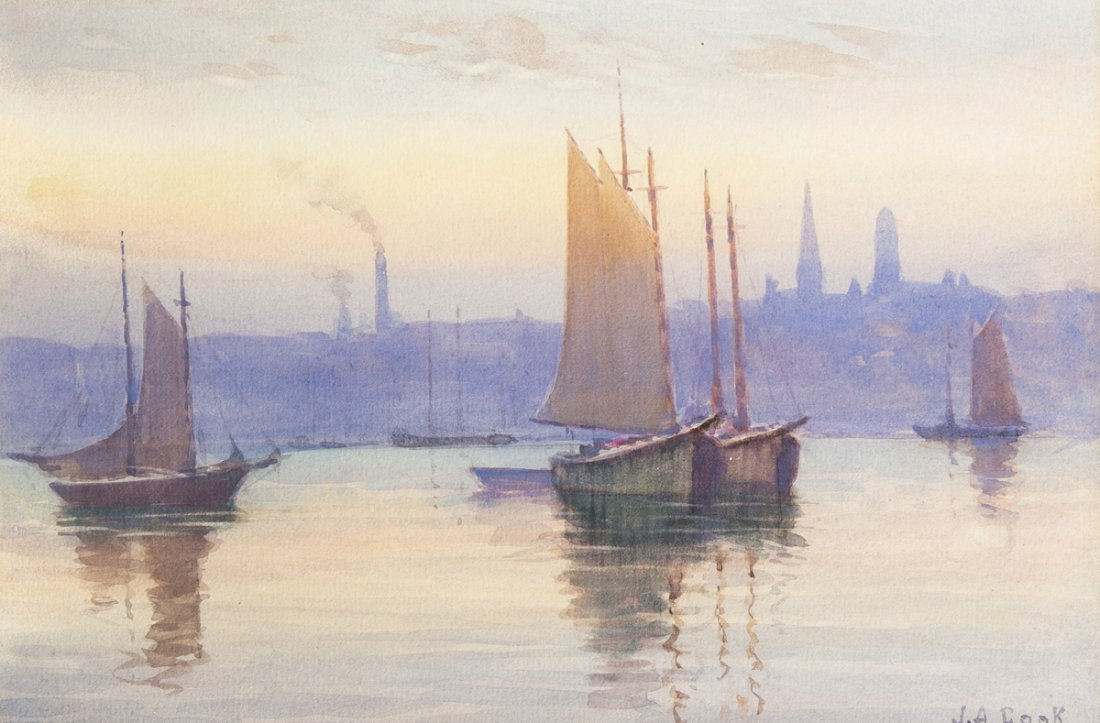 John A. Cook (1870-1936), MA: John A. Cook (1870-1936), Mass., Watercolor seascape painting of sail boats in the harbor at sunset, 7 1/4" x 11" sight, matted and framed under glass, signed lower right, "J.A.Cook".Estimate: $200 -