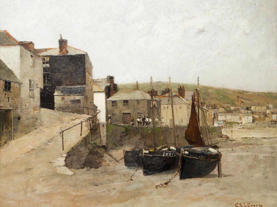 Charles Edwin Lewis Green (1844-1915), MA: Charles Edwin Lewis Green (1844-1915), Mass, Oil on Canvas Painting of a harbor scene in Cornwall, 14" x 18", old gold carved frame with wax seal, "Richmond Nichols and Son, Boston", signed lower righ