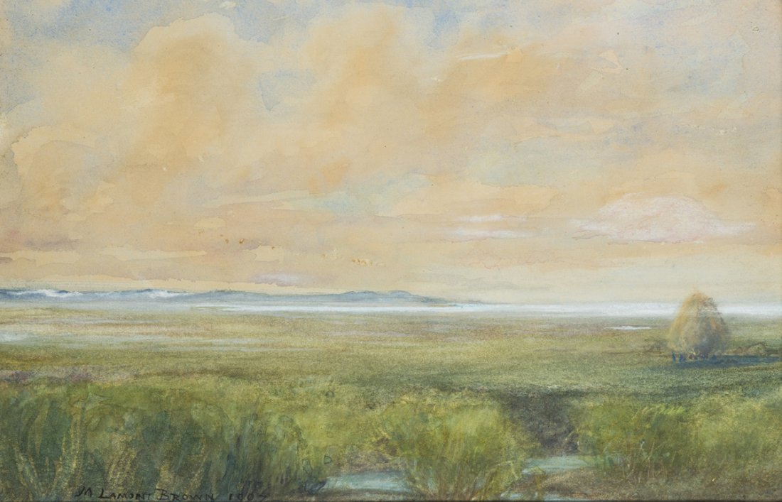 Moses Lamont Brown, 20th C., MA: Moses Lamont Brown, 20th C., Mass., Watercolor and Gauche Painting of a marsh scene along the NE coast, 8 1/2" x 13", gold oak frame, signed lower left, "M. Lamont Brown, 1907", underglass. Estimate: 