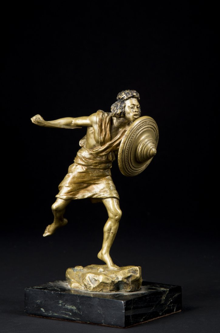 Franz Bergman (1898-1963), Austria, Bronze: Franz Bergman (1898-1963), Austria, Bronze Casting depicting a running warrier with scimitar and shield. 7 1/2" T including the square 7/8" marble base, signed on the side of the base, "#3161, vase wi