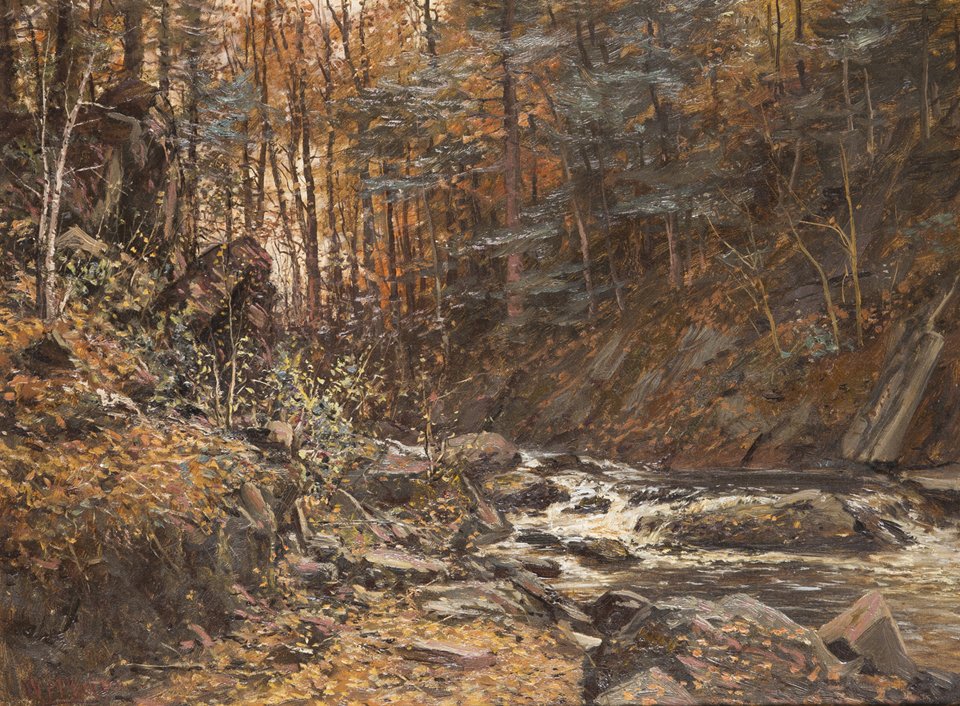 William Preston Phelps, 1848-1923, New Hampshire: William Preston Phelps, 1848-1923, New Hampshire, oil on canvas painting of a woodland landscape with brook flowing through it, signed lower left, "W.P. Phelps", 18" x 24", new gold frame. Estimate: $