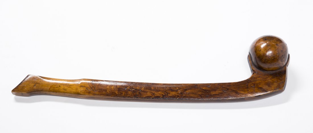Native American War Club: Native American war club, in the style of the Iroqouis tribes, with a long handle ending in ball head, maple with a later grain painted surface. 20th C. Length: 19"