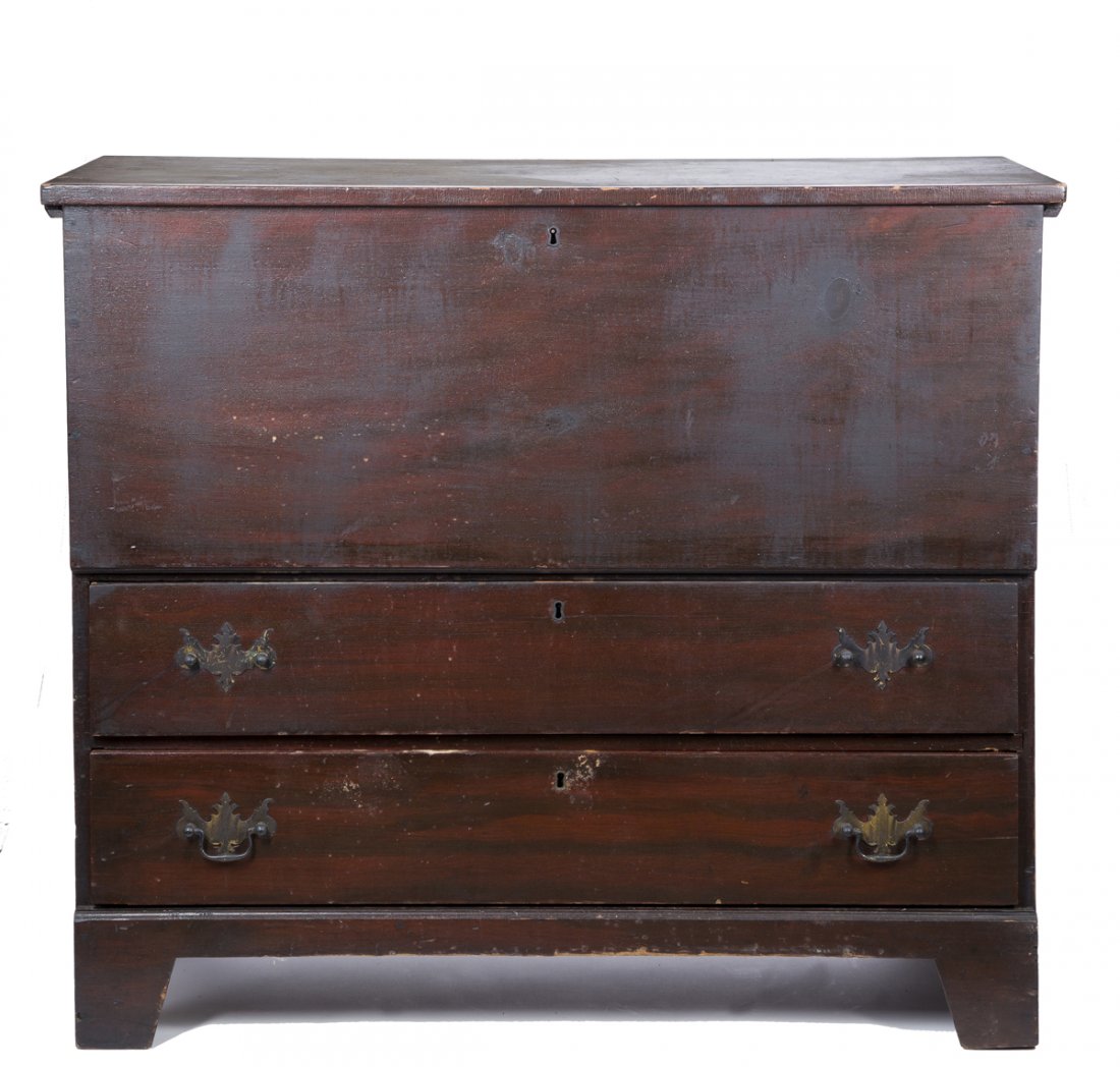 Pine Two Drawer Blanket Chest: Pine Two Drawer Blanket Chest, an old varnish finish, a left top over two flush fitting drawers, an applied front cut out bracket base and cut out sides, 39" W x 17 1/2" D x 34" T. 18th/19th C.,Americ