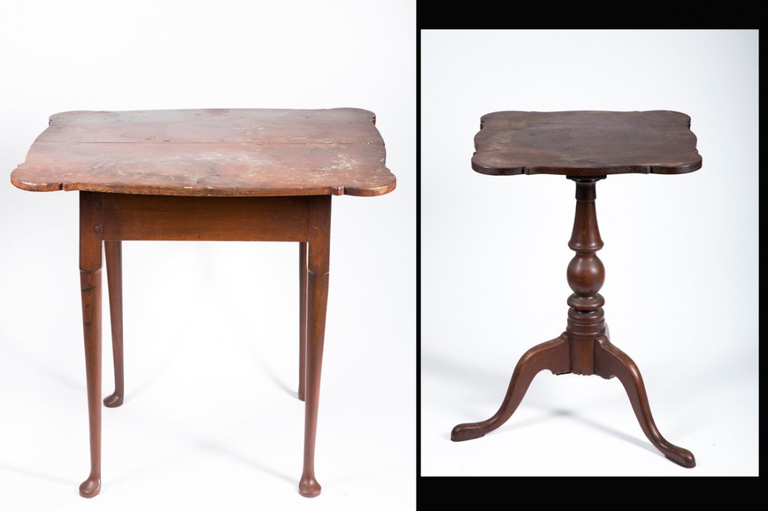 Two Restored Furniture Items: Two Restored Furniture Items: A) Conn. River Valley candle stand with a new scalloped edge top, cherry. B) Southern New England Queen Ann pad footed tea table with a new scalloped edge top. Both are 1