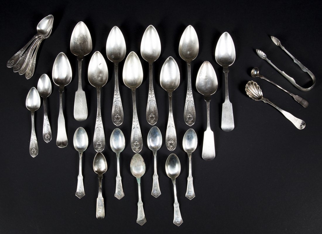 Lot of Coin Silver Spoons and More: Lot of Coin Silver Spoons and More: A) sugar tongs-shell tips, B) four large misc. table spoons and three misc. serving C) six tea spoons, signed "W & H", D) six table and six tea spoons- " E mark