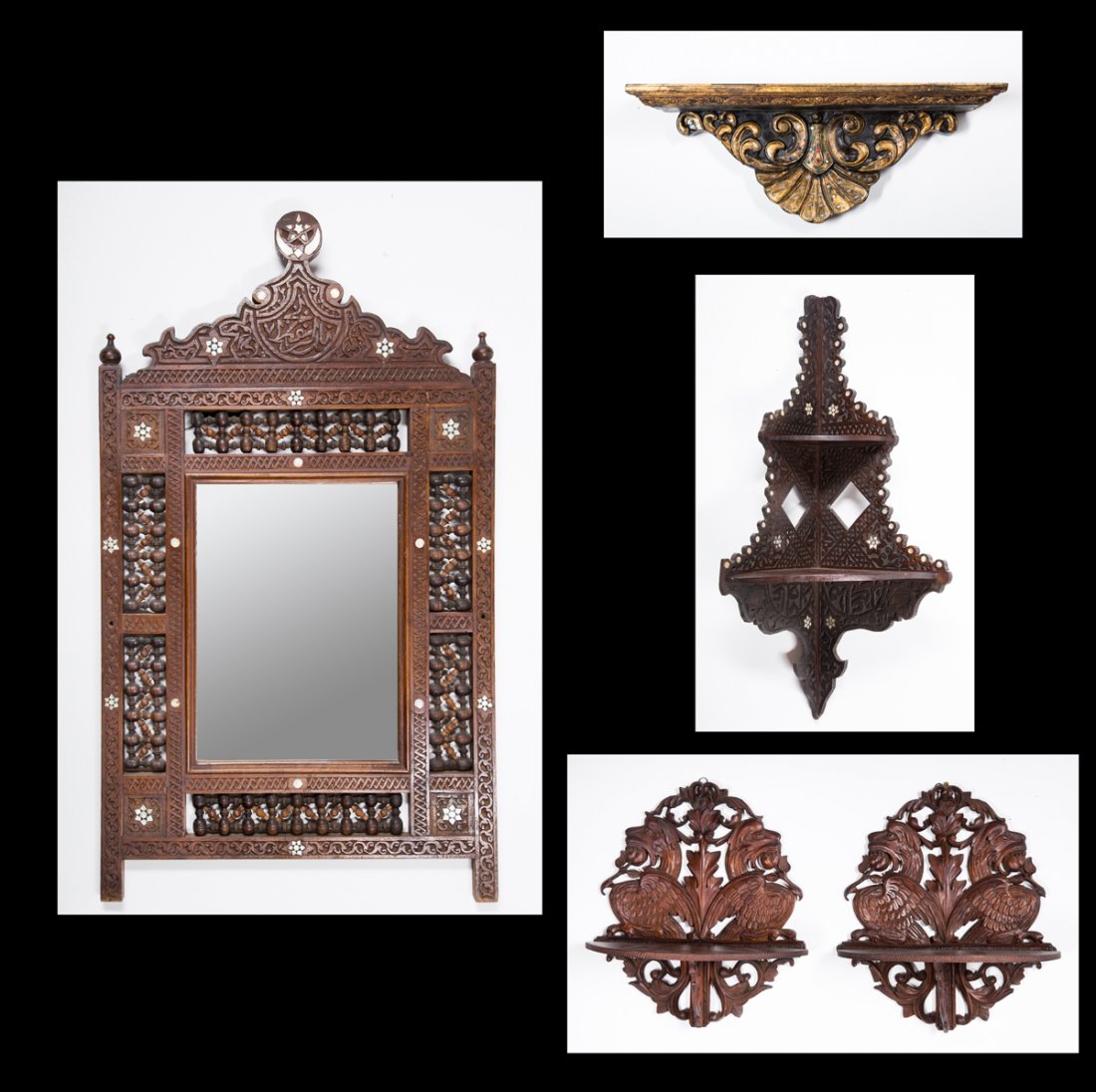 Four Middle Eastern Wall Shelves and Mirror: Four Middle Eastern Wall Shelves and Mirror, all ornately carved in various designs, a pair of 14" T x 11" W folding; an 18 3/4" W one with carved support inset with colored glass and 29" T corner she