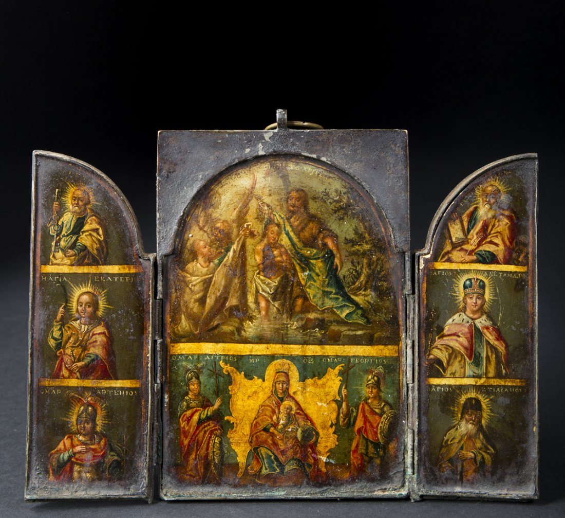 18th/19th Century Greek Icon, Triptych: Depicting eight finely painted images, three saints to either side panel with two larger tableaus to the center. Saints appear to be Dimitrios, George, Luke, Alexander, Stilianos, Peter and Artemios. 