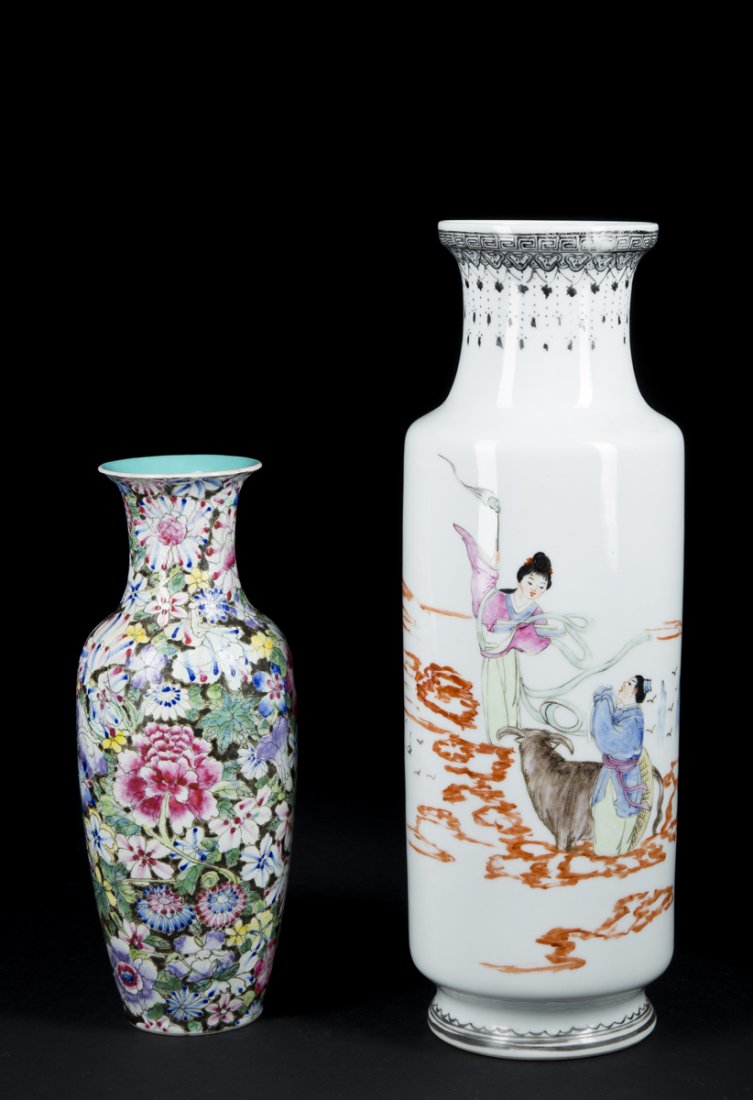 Chinese Porcelain Vases: Chinese Cylindrical Form and Baluster Form Porcelain Vases, white back gourn with a romantic scene of a man on a buffalo serenading a maiden on a balcony, 14" T. reign marks on the bottom; and a polyc