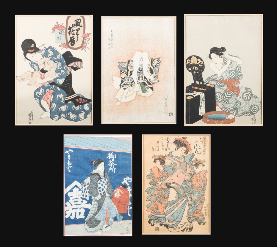 Five Japanese Block Prints: Five Japanese Block Prints: A) lion dance originally Sadanobu Hasegawa B) woman with back pack and clog shoes after Kuniyoshi C) three woman in fine Kimonos character signed D) woman fixing hair befor