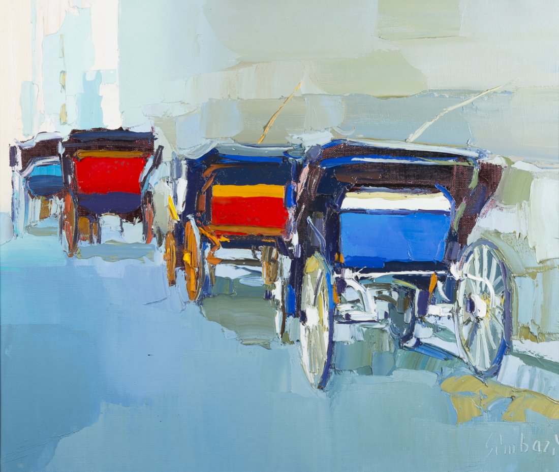 Nicola Sumbari, 1927, Italian: Nicola Sumbari, 1927, Italian, oil on canvas modernist painting of four horse carriages tilted on a brass plaque, "Florentine Coaches", 20" x 24", wooden frame, signed lower right "Sumbari", accompani