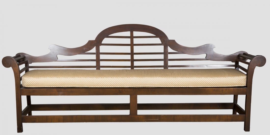 Chinese Export Style Settee: Chinese Export Style Settee, architectural shaped back connecting rolled arms, cushion topped spat seat and strecher base, 8'6" W x 42 1/2" T x 20" D, good condition, 20th C., construction. Estimate: 