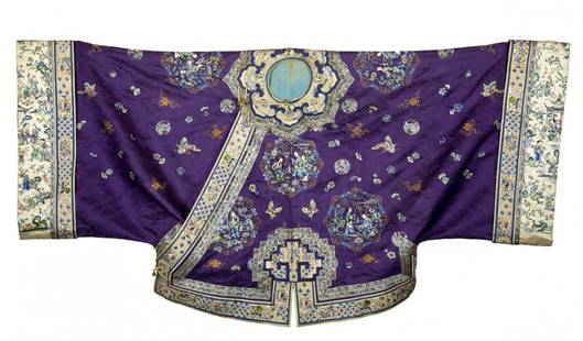 Chinese Embroidered Coat: Chinese Embroidered Coat, finely hand worked wrap around coat with an ivory double border and domestic scenes of people set on a purple ground with metallic and silk thread, lined with a light blue si