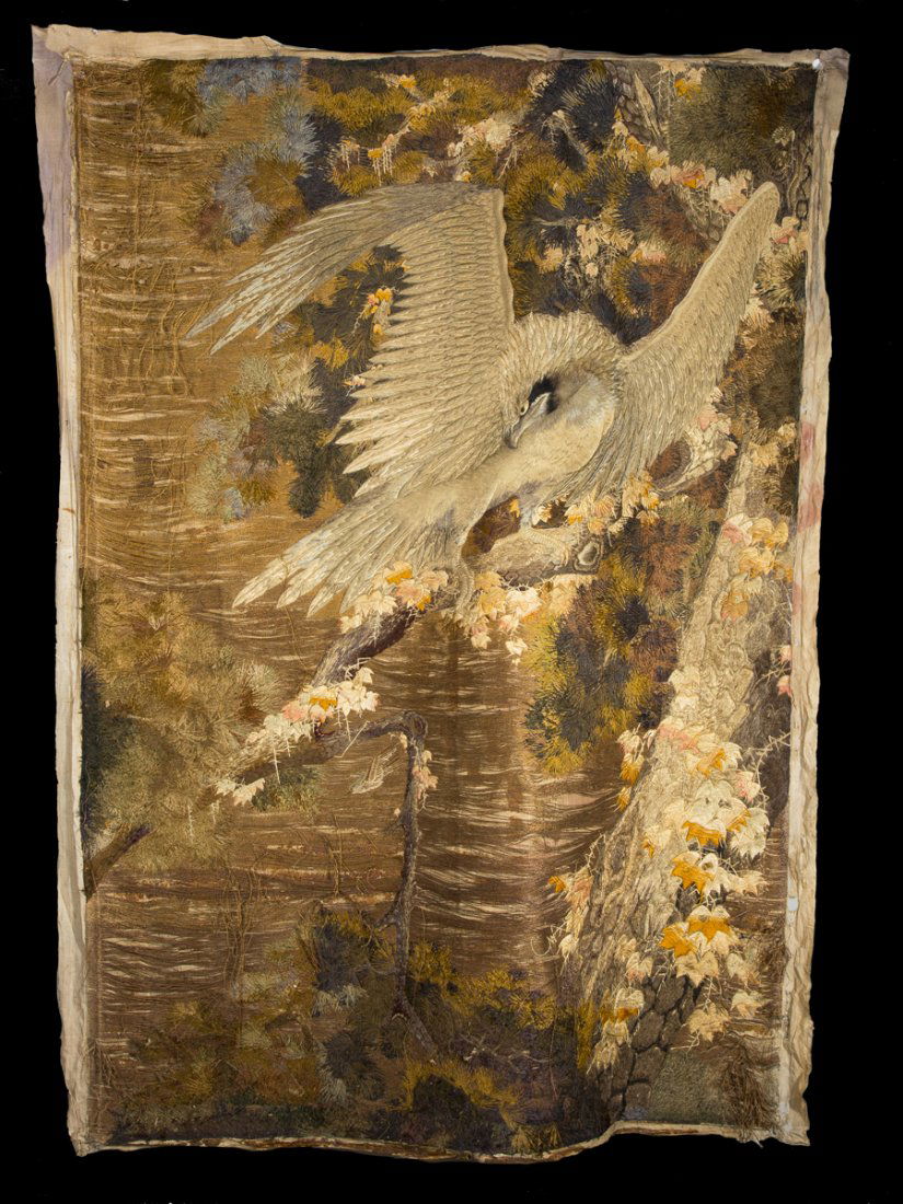 Japanese Needlework Wall Hanging,: Japanese Needlework Wall Hanging, intricately sewn on a cotton cloth with metallic and silk threads depicting a standing eagle on a rock formation surrounded by flowers and other growth, 5' W x 7' 5"