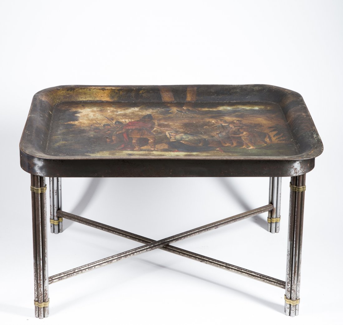 Two Paint Decorated Tin Trays: Two Paint Decorated Tin Trays, A) black ground with gold stenciled floral border and center, free hand gold vine around the center flowers, B) Free hand painted scenes of Roman warriors with a mother 