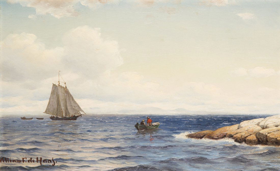 William Frederick De Haas (1830-1880): William Frederick De Haas(1830-1880),ME., oil on artist board painting of lobsterman at work with a sailboat passing by, signed lower left," William F. De haas, 9" x 14", old gold gessoed frame, also