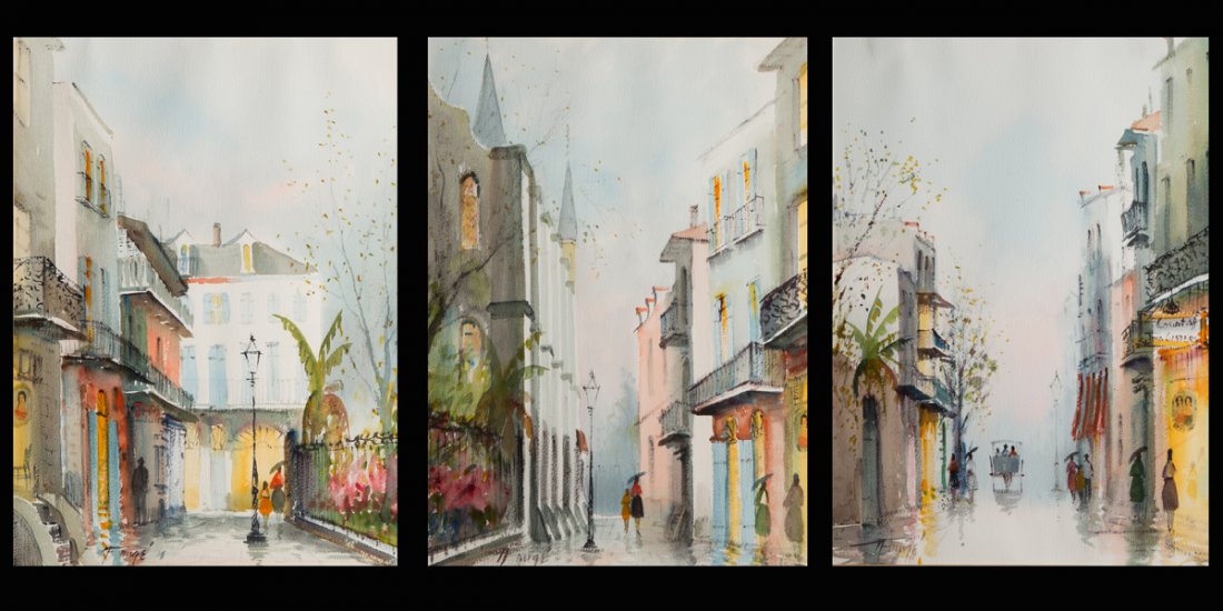 Nestor Hippoyle Fruge, (1916- ), Louisiana: Nestor Hippoyle Fruge, (1916- ), Louisiana, set of three watercolor paintings of New Orleans street scenes, all signed lower left "NFruge", 14 1/2x 10 1/2" sight, framed under glass, noted in pen on t