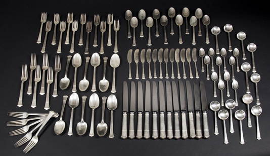 Tiffany & Co. Sterling Flatware Set: Tiffany & Co. Sterling Flatware Set, each piece is marked "Tiffany &Co Sterling Pat 1923M" 11 dinner forks, 12 luncheon forks, 12 soups, 12 teaspoons, 12 consume spoons,12 dinner knives, 12 de